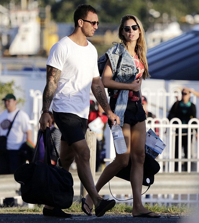 Quade Cooper and Laura Dundovic return to Brisbane after a romantic overnight trip to Tangalooma in Moreton Bay.