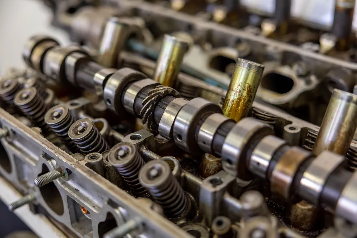 Close-up of a camshaft inside an engine block