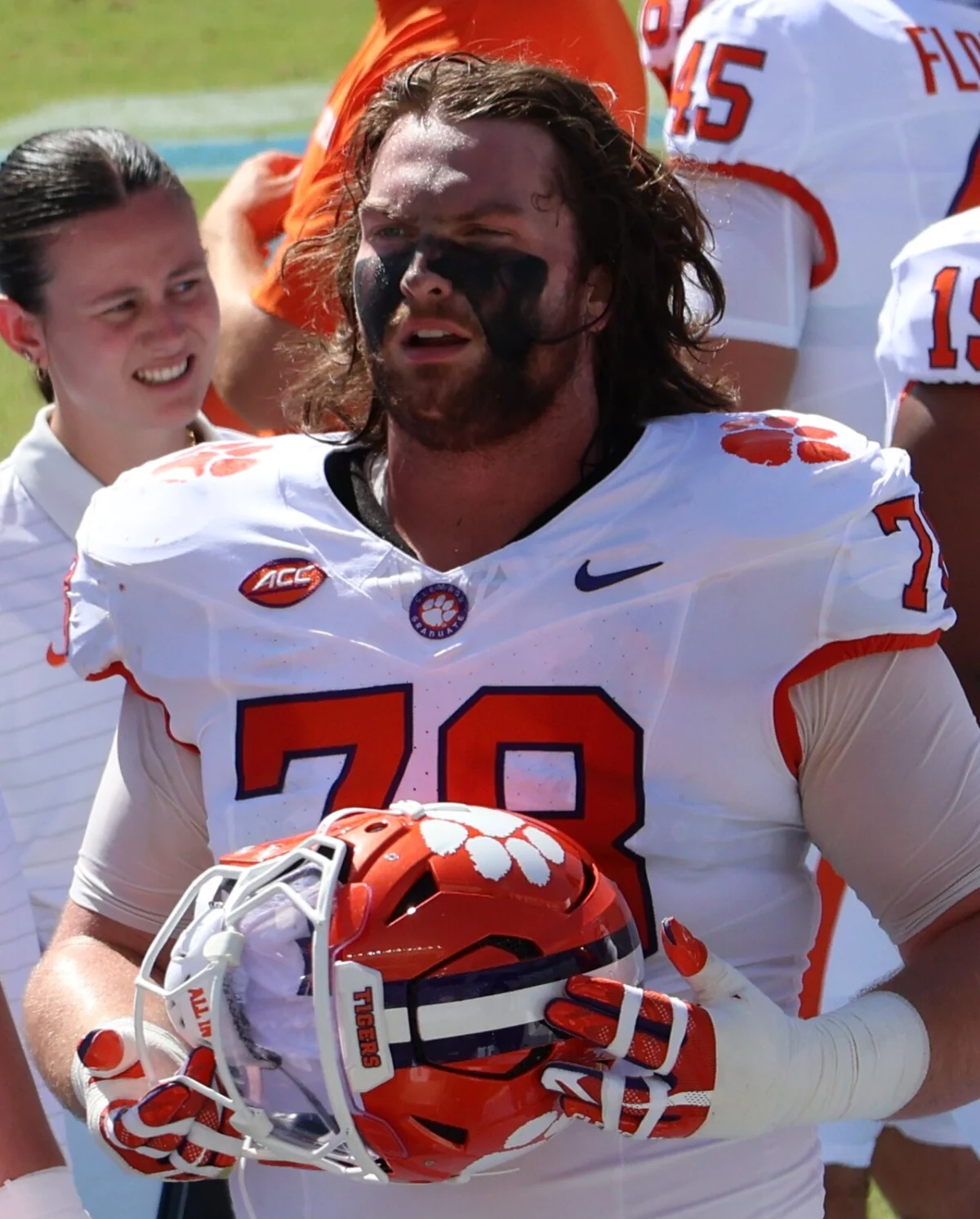 Clemson offensive tackle Blake Miller on the sideline at North Carolina, October 2025