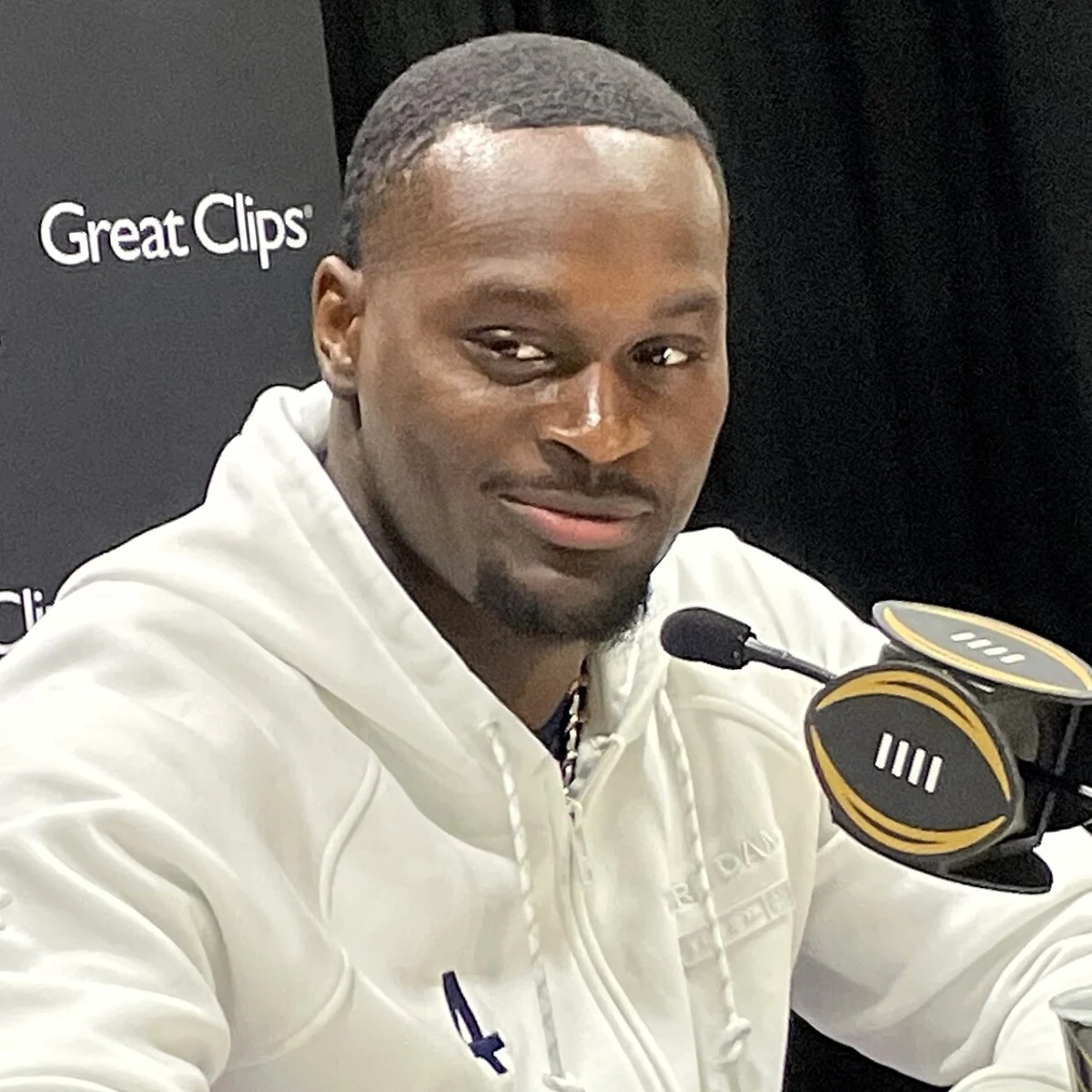 Notre Dame running back Jeremiyah Love at College Football Playoff National Championship media day in Atlanta, January 2025